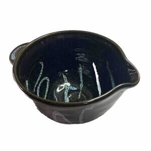 VTG Dough Bowl Studio Pottery Batter Spout Black Blue Signed Boho Whimsygoth 70s